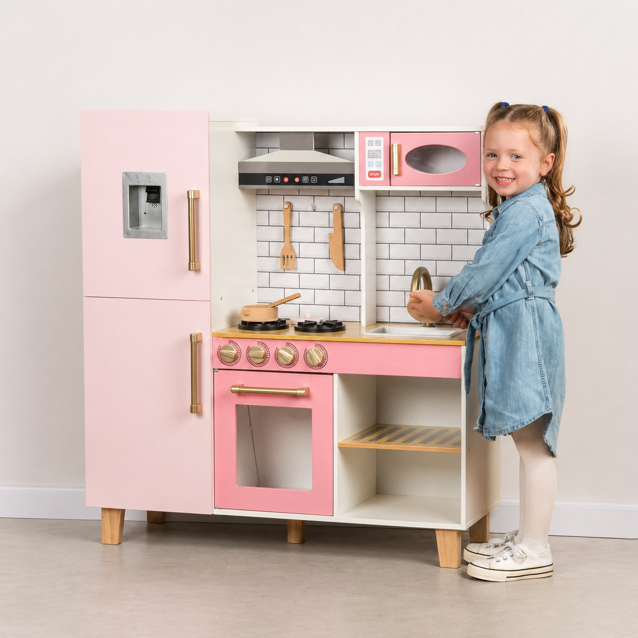 Wooden Pretend Play Kitchen with Ice Maker, Range Hood, and Blackboard Features