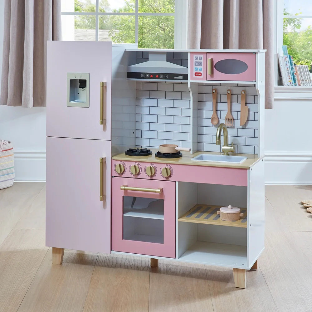 Wooden Pretend Play Kitchen with Ice Maker, Range Hood, and Blackboard Features