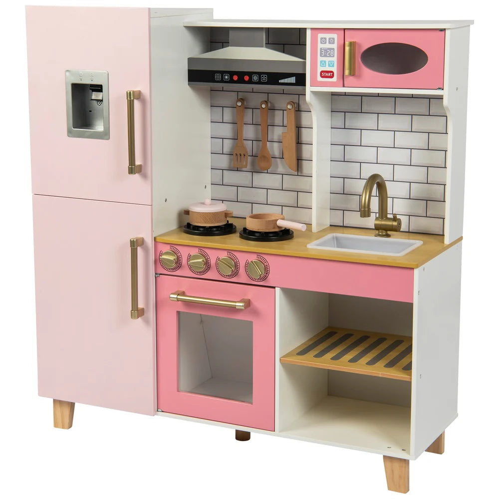 Wooden Pretend Play Kitchen with Ice Maker, Range Hood, and Blackboard Features