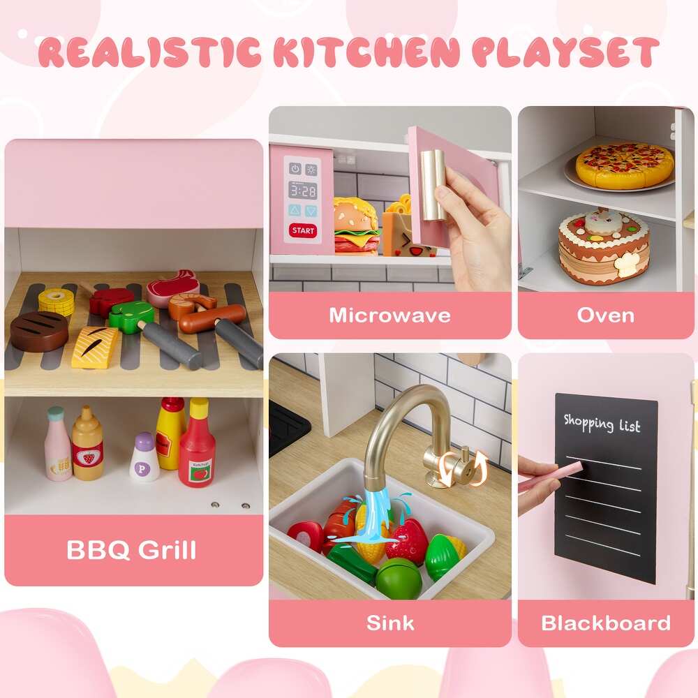 Wooden Pretend Play Kitchen with Ice Maker, Range Hood, and Blackboard Features