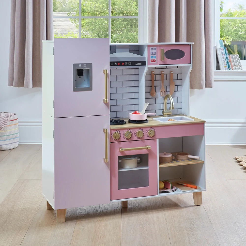 Wooden Pretend Play Kitchen with Ice Maker, Range Hood, and Blackboard Features