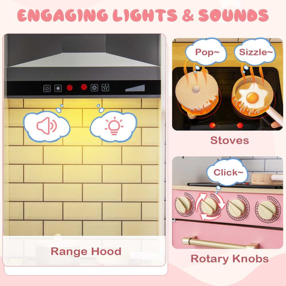 Wooden Pretend Play Kitchen with Ice Maker, Range Hood, and Blackboard Features
