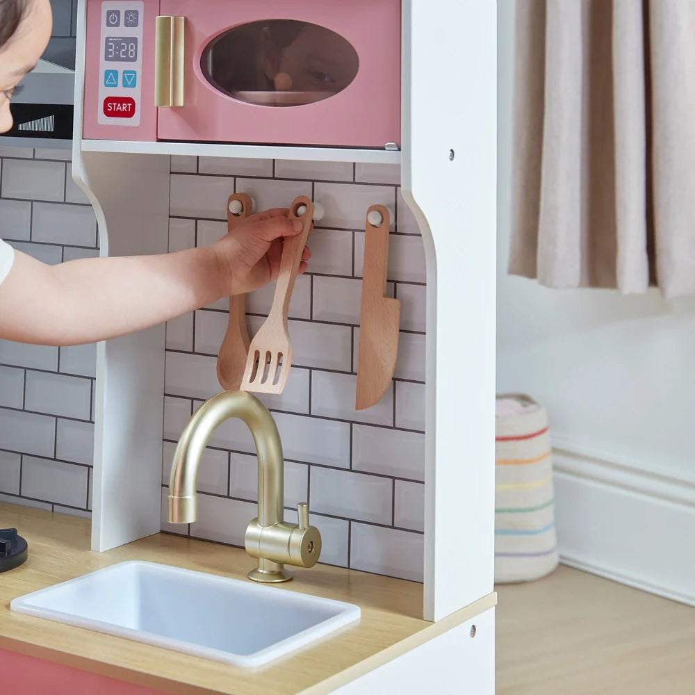Wooden Pretend Play Kitchen with Ice Maker, Range Hood, and Blackboard Features