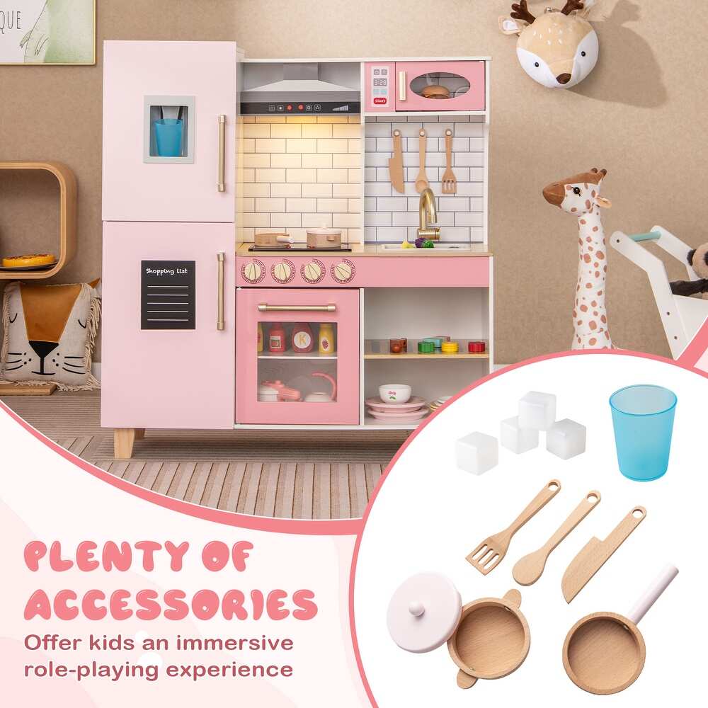 Wooden Pretend Play Kitchen with Ice Maker, Range Hood, and Blackboard Features