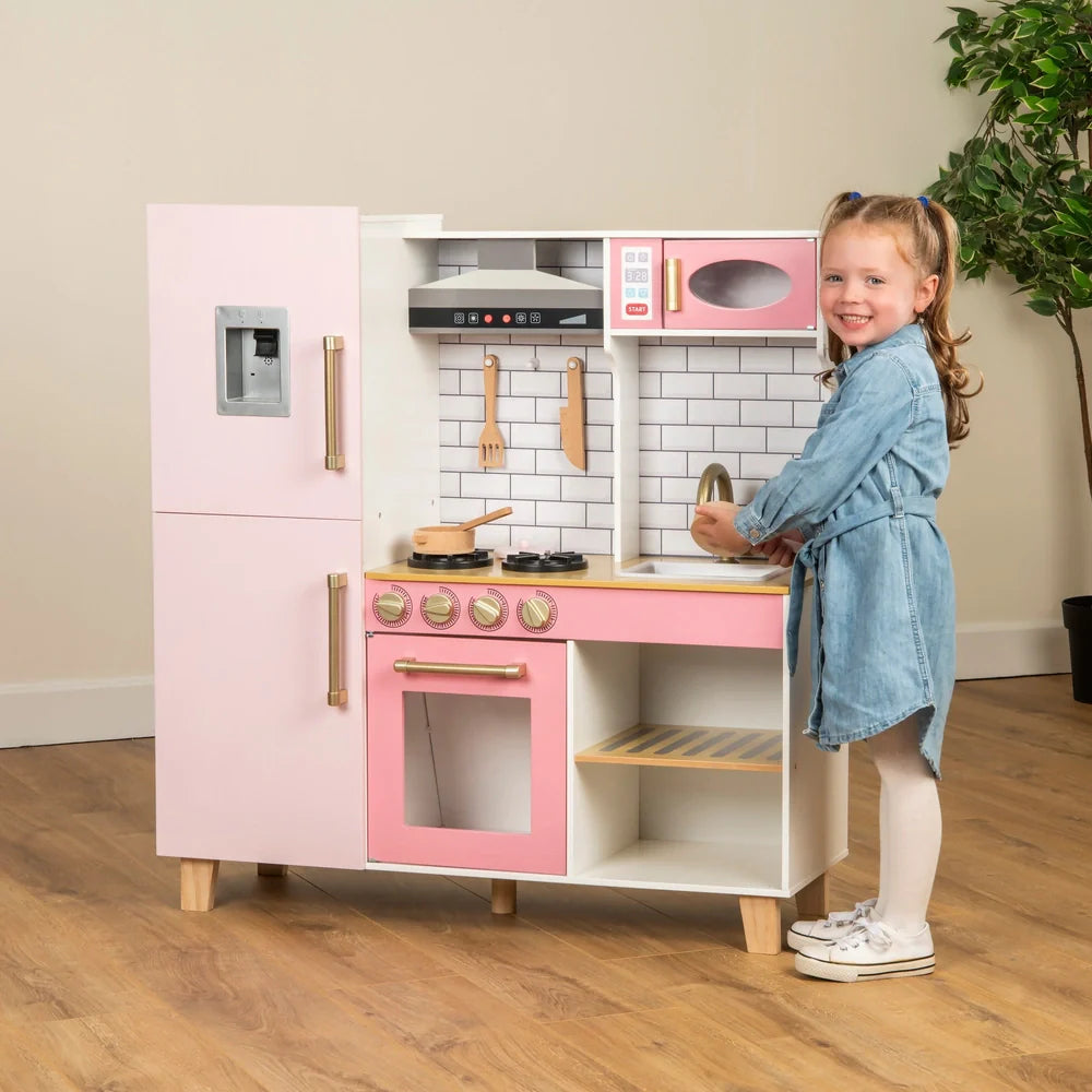 Wooden Pretend Play Kitchen with Ice Maker, Range Hood, and Blackboard Features
