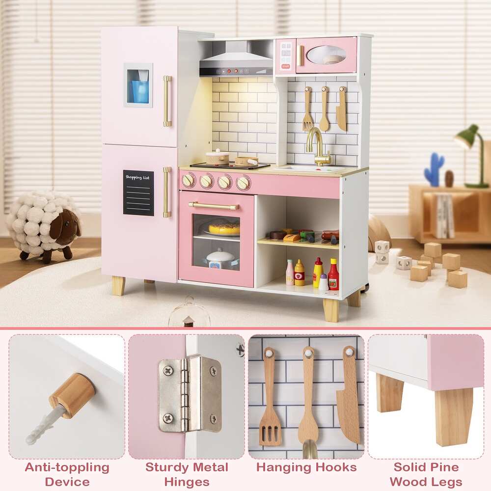 Wooden Pretend Play Kitchen with Ice Maker, Range Hood, and Blackboard Features