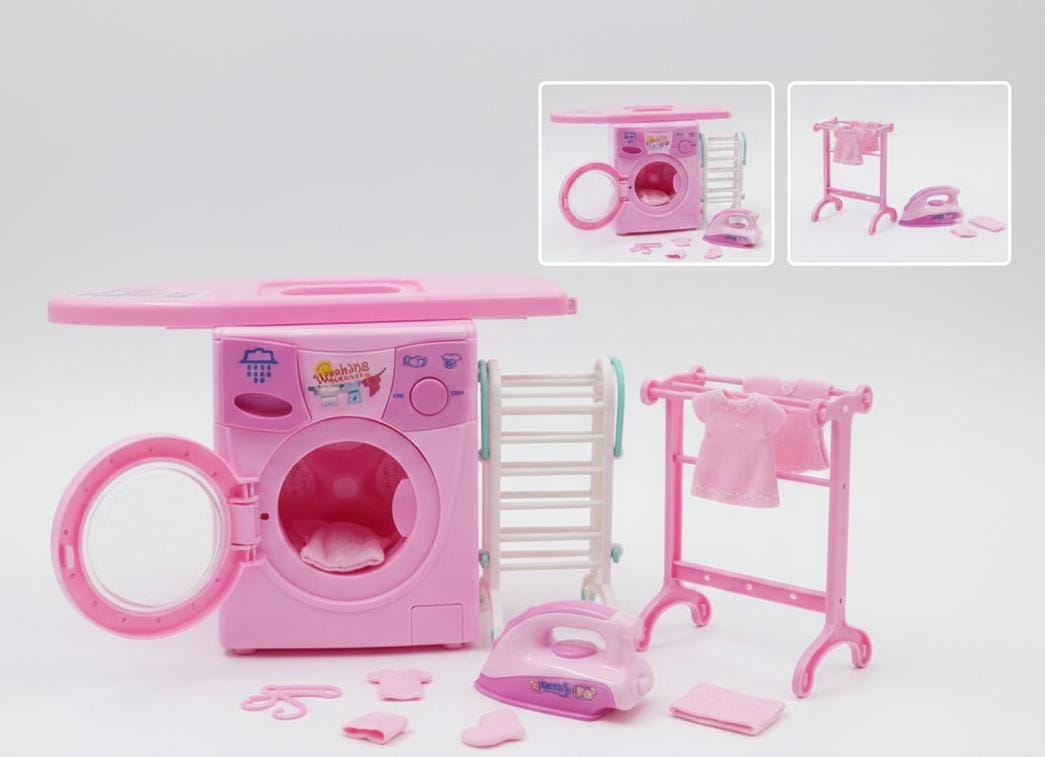 Kids Mini Washing Machine Play Set with Iron & Drying Rack – Pink Pretend Laundry Toy