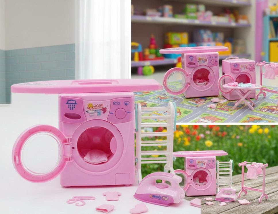 Kids Mini Washing Machine Play Set with Iron & Drying Rack – Pink Pretend Laundry Toy