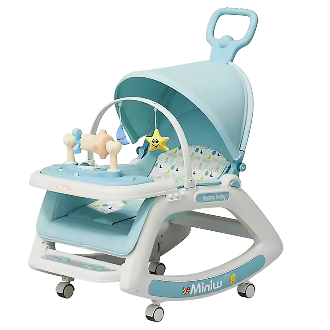 baby 5-in-1 Baby Rocking Chair with Hanging Toys Multi-Position Recline, Music, Wheels & Food Tray for 0-2 Years