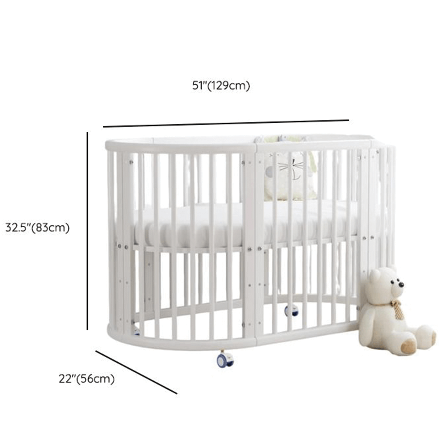 4 in 1 Portable Round & Oval Crib with Guardrails & Wheels Convertible Bed Cot with Memory Mattress