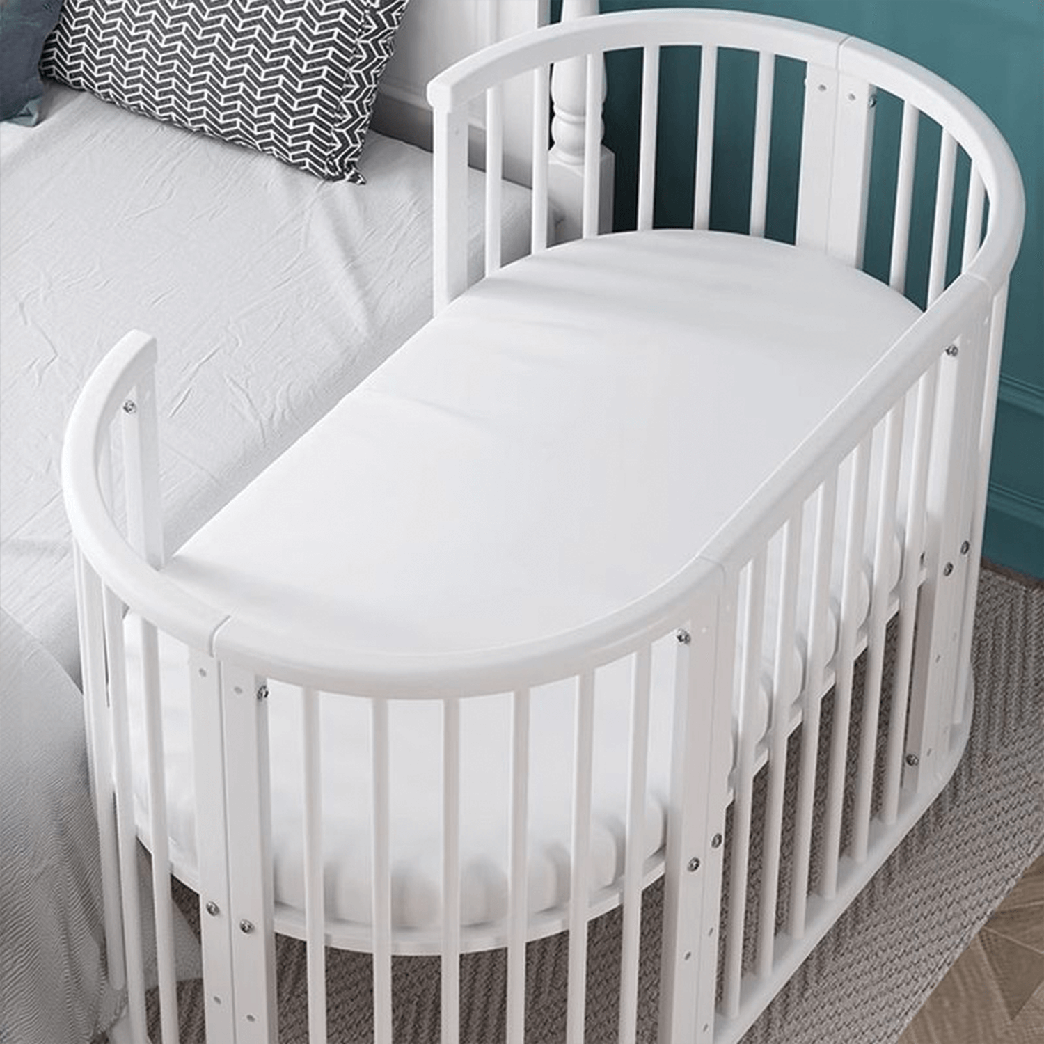 4 in 1 Portable Round & Oval Crib with Guardrails & Wheels Convertible Bed Cot with Memory Mattress