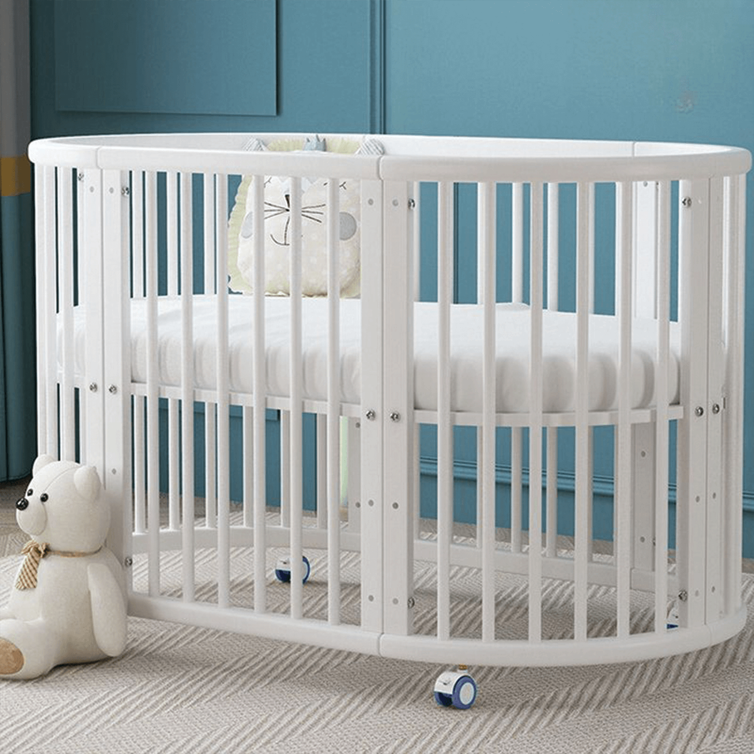 4 in 1 Portable Round & Oval Crib with Guardrails & Wheels Convertible Bed Cot with Memory Mattress