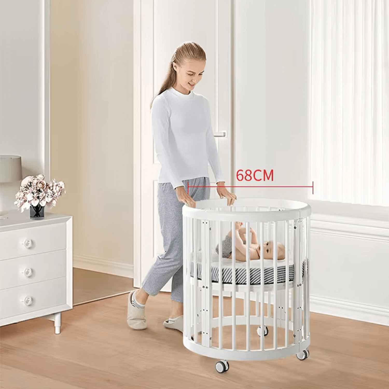 4 in 1 Portable Round & Oval Crib with Guardrails & Wheels Convertible Bed Cot with Memory Mattress