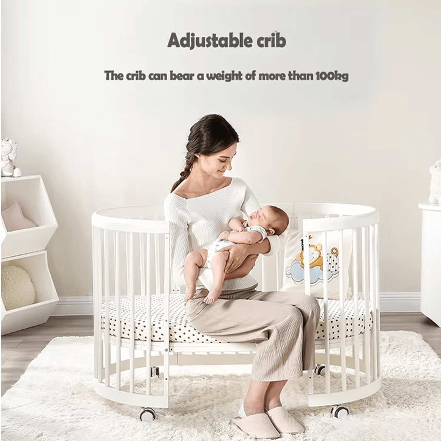 4 in 1 Portable Round & Oval Crib with Guardrails & Wheels Convertible Bed Cot with Memory Mattress