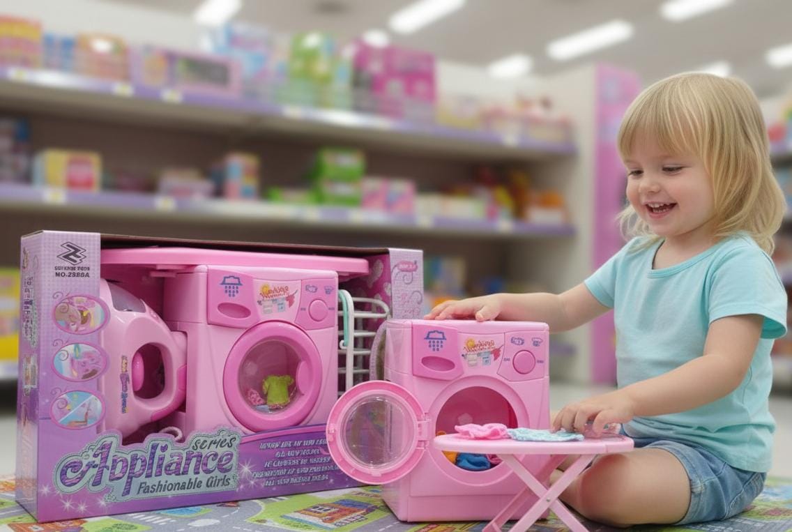 Kids Mini Washing Machine Play Set with Iron & Drying Rack – Pink Pretend Laundry Toy