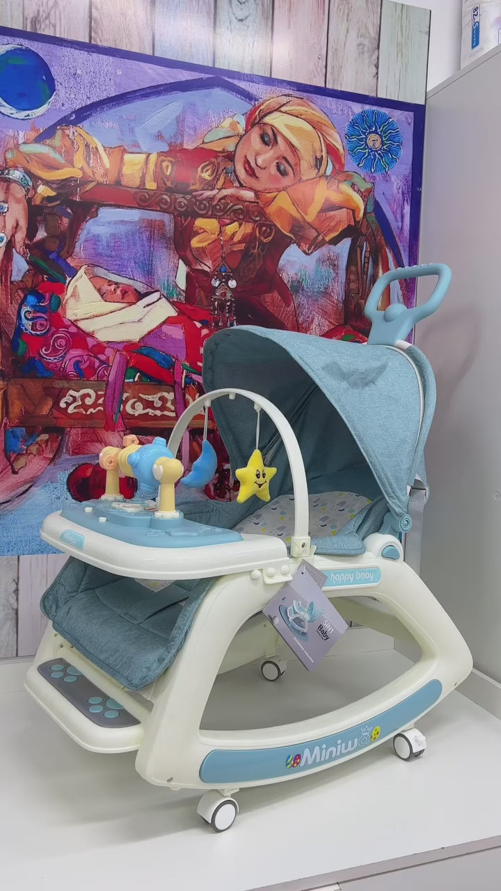 baby 5-in-1 Baby Rocking Chair with Hanging Toys Multi-Position Recline, Music, Wheels & Food Tray for 0-2 Years